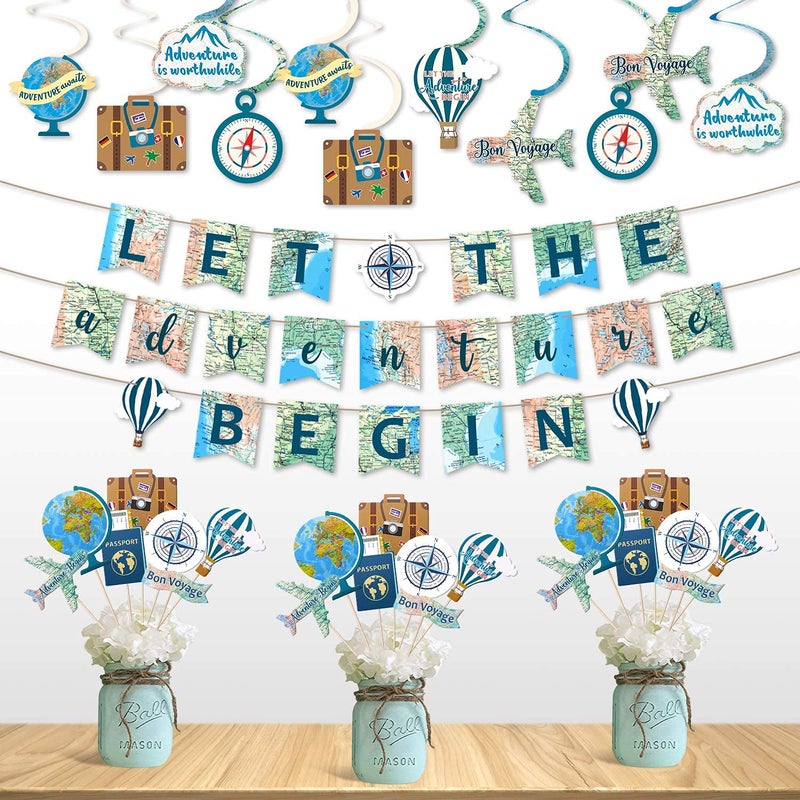 Yaaaaasss! 52 PCS Travel Themed Party Decorations Set Let the Adventure Begin Banner Centerpieces Sticks Hanging Swirls for Bon Voyage Retirement Farewell Party World Awaits Birthday Baby Shower Decor Supplie - Image 1